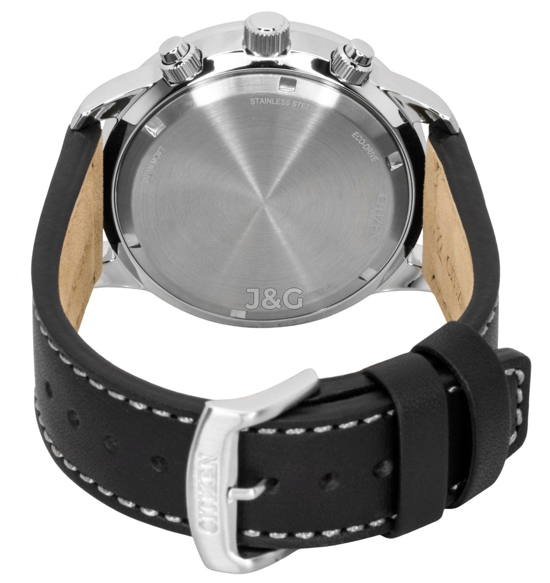 Citizen Eco-Drive Chronograph function White Leather Male CA0880-07A. A brand-new Citizen Eco-Drive watch featuring a White dial and a Leather strap. Side view. - view 4