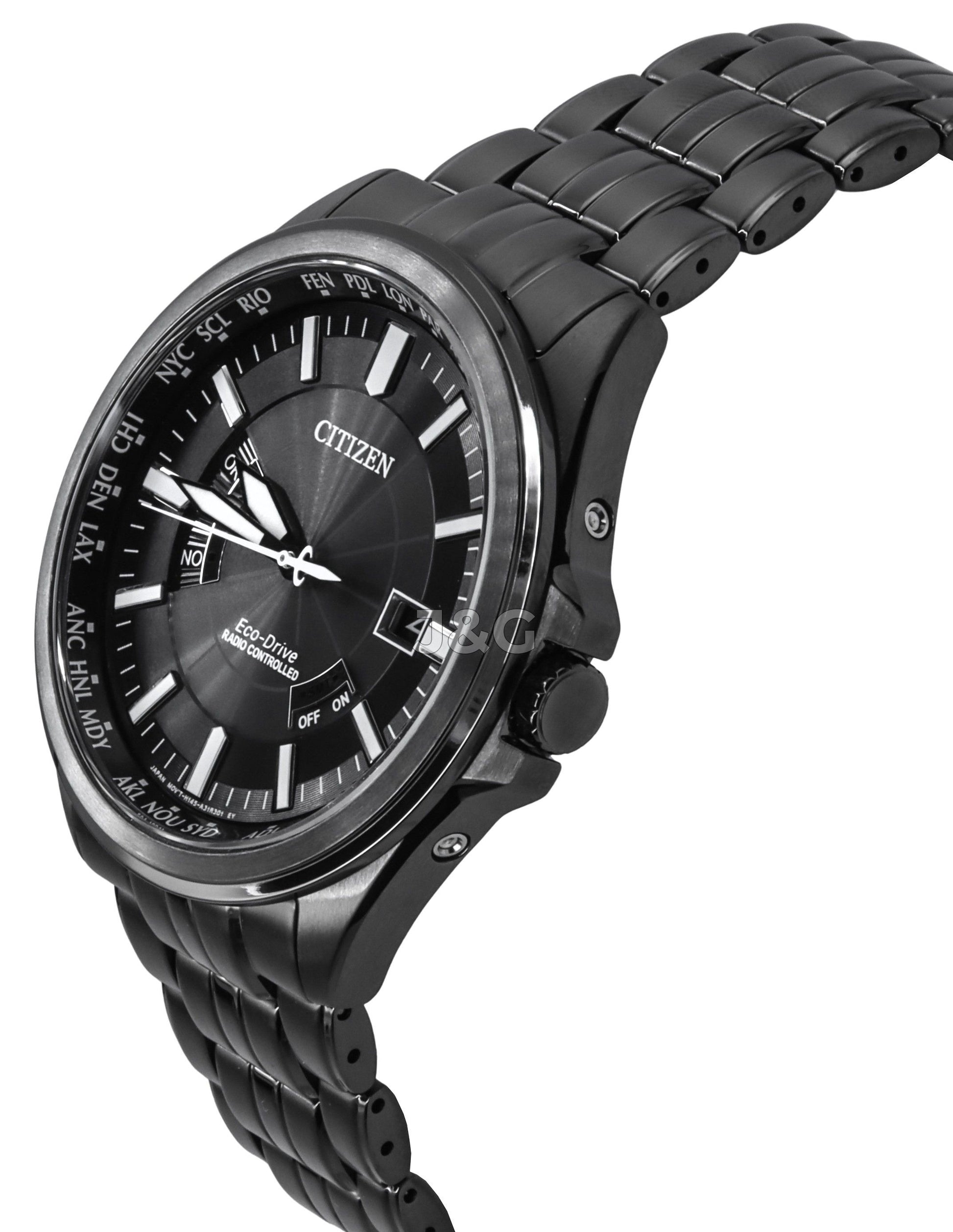 Citizen Eco-Drive Date display Black Stainless steel Male CB0294-54E. A brand-new Citizen Eco-Drive watch featuring a Black dial and a Stainless steel strap. Front view. - view 3