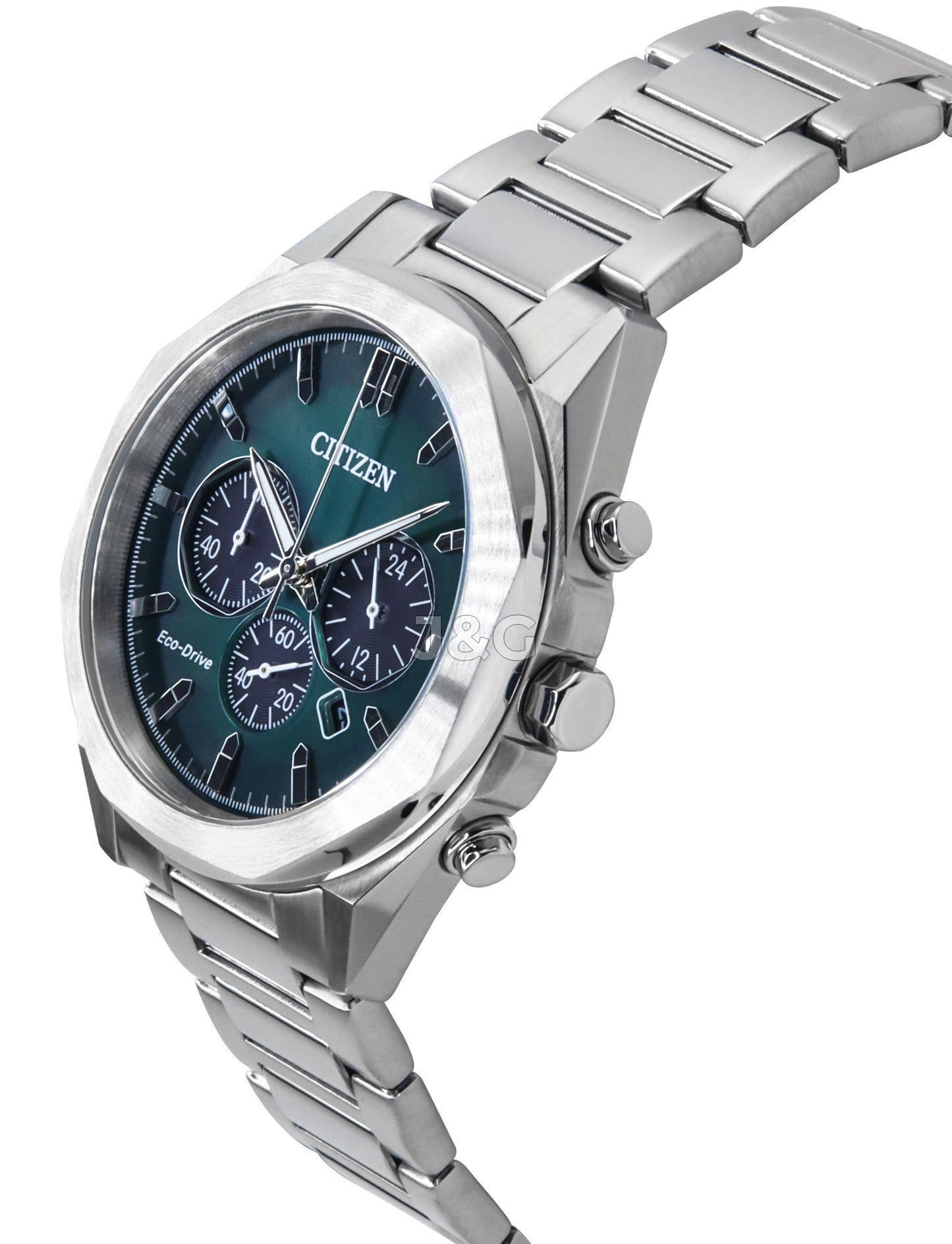 Citizen Eco-Drive Date display Green Stainless steel Male CA4590-81X. A brand-new Citizen Eco-Drive watch featuring a Green dial and a Stainless steel strap. Angled view. - view 3