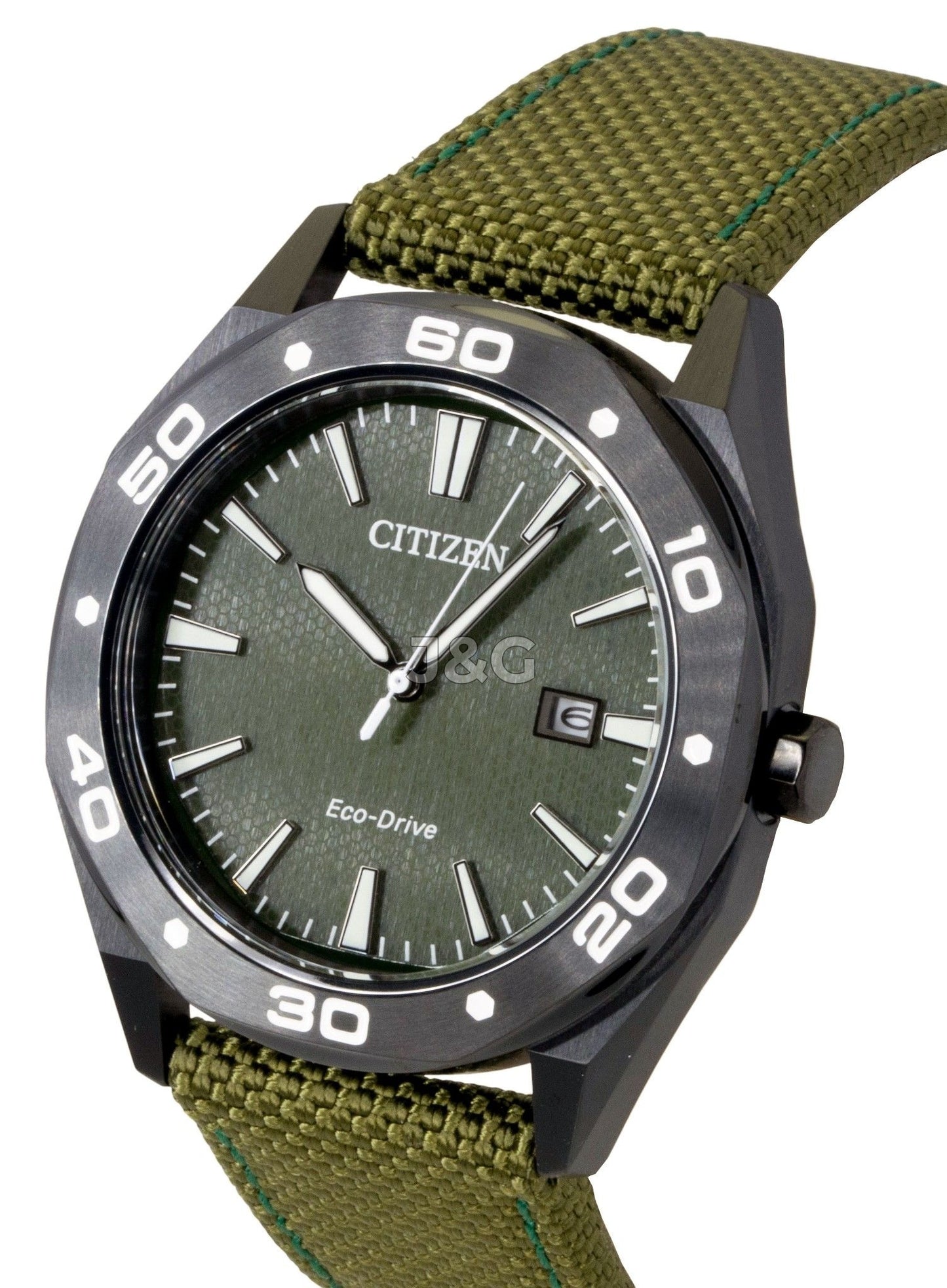 Citizen Eco-Drive Green Nylon Male BM7635-01X. A brand-new Citizen Eco-Drive watch featuring a Green dial and a Nylon strap. Front view. - view 3