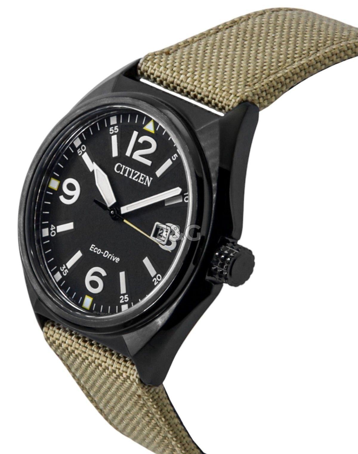 Citizen Eco-Drive Quartz movement Black Nylon Male AW1575-08E. A brand-new Citizen Eco-Drive watch featuring a Black dial and a Nylon strap. Front view. - view 3