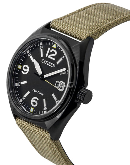 Citizen Eco-Drive Quartz movement Black Nylon Male AW1575-08E. A brand-new Citizen Eco-Drive watch featuring a Black dial and a Nylon strap. Front view. - view 3