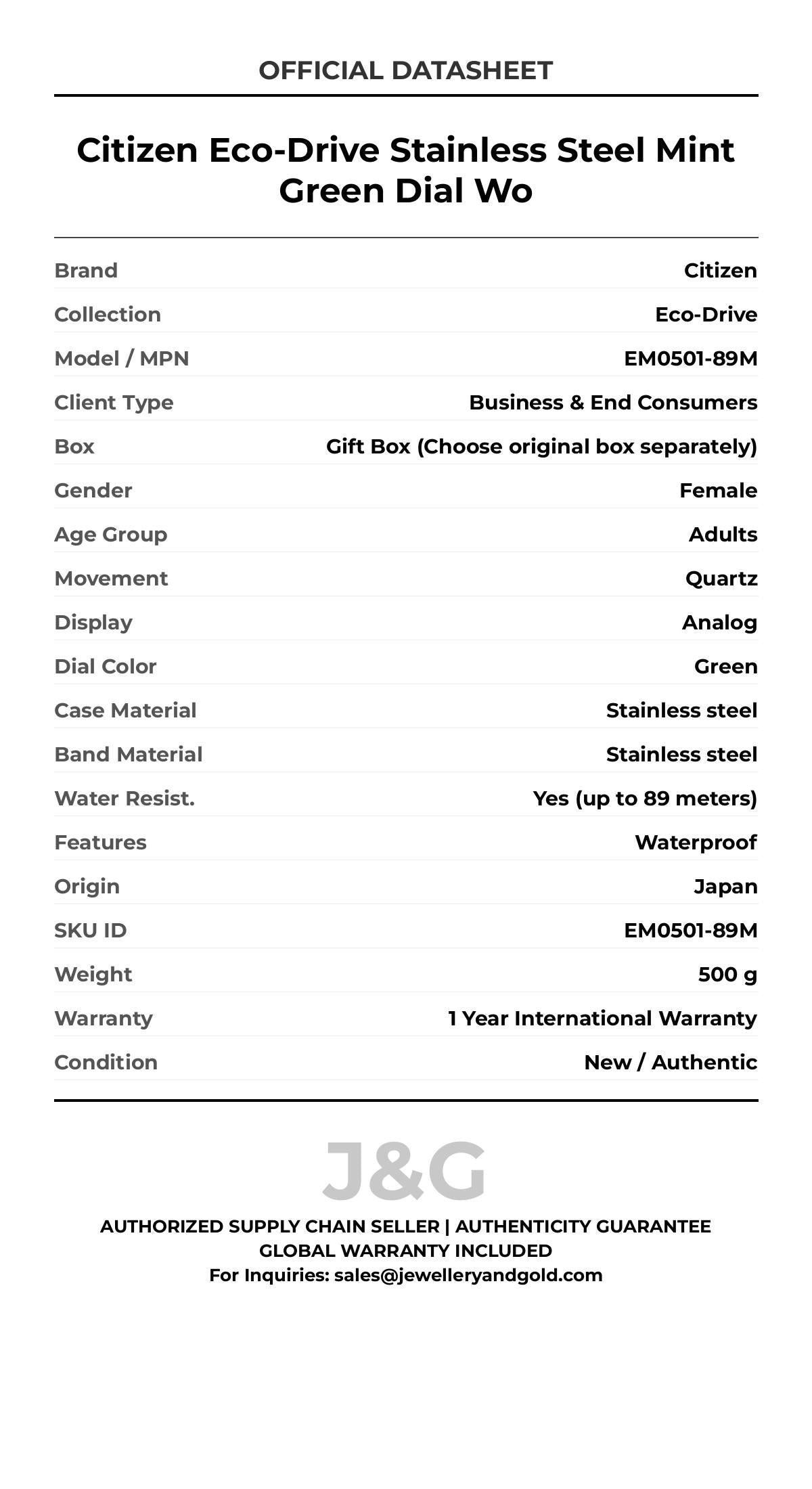 Citizen Eco-Drive Stainless Steel Mint Green Dial Wo. A brand-new Citizen Eco-Drive watch featuring a Green dial and a Stainless steel strap. Side view. - DS_FINAL