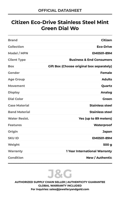Citizen Eco-Drive Stainless Steel Mint Green Dial Wo. A brand-new Citizen Eco-Drive watch featuring a Green dial and a Stainless steel strap. Side view. - DS_FINAL