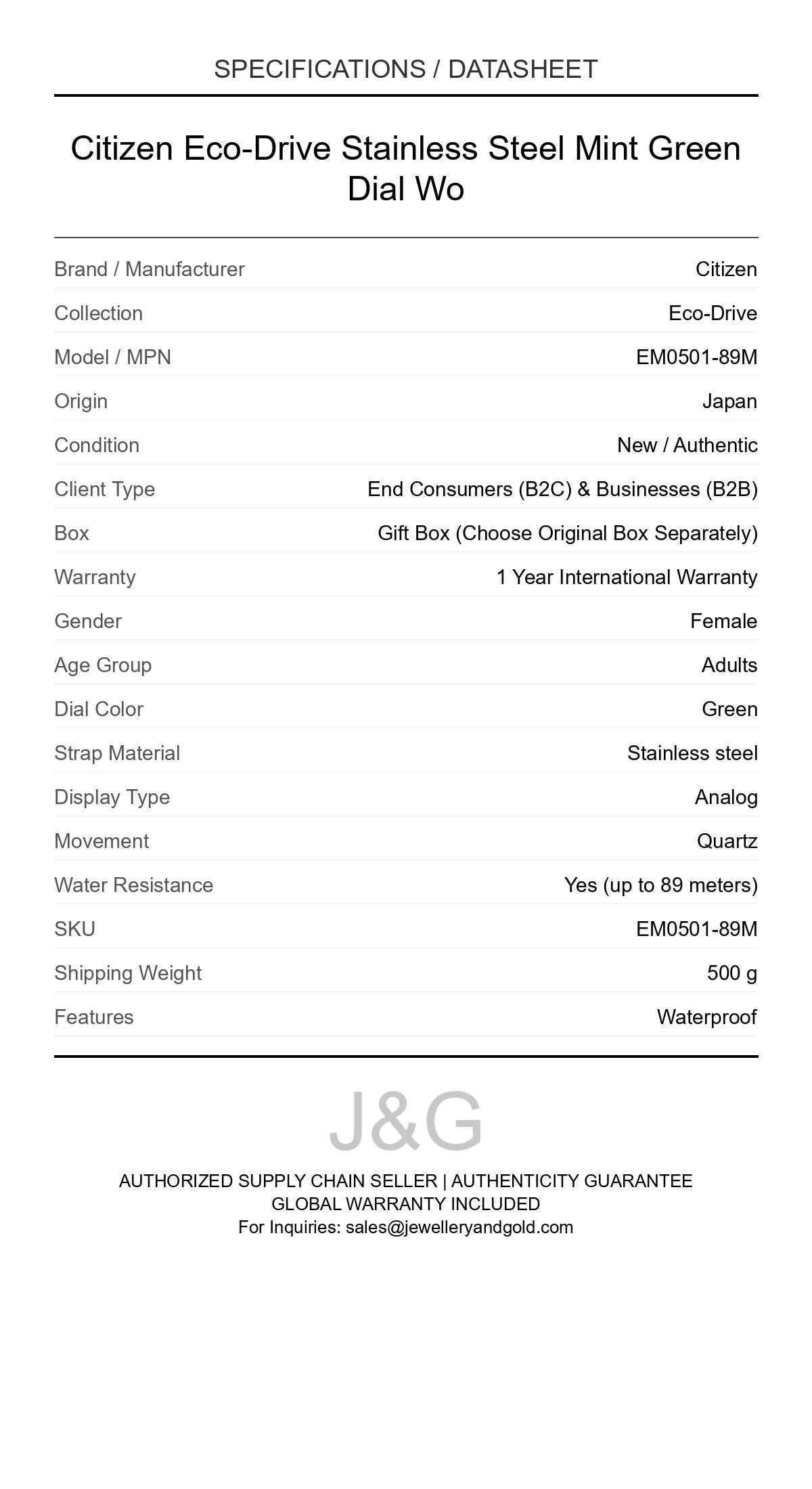Citizen Eco-Drive Stainless Steel Mint Green Dial Wo. A brand-new Citizen Eco-Drive watch featuring a Green dial and a Stainless steel strap. Angled view. - DS_FINAL