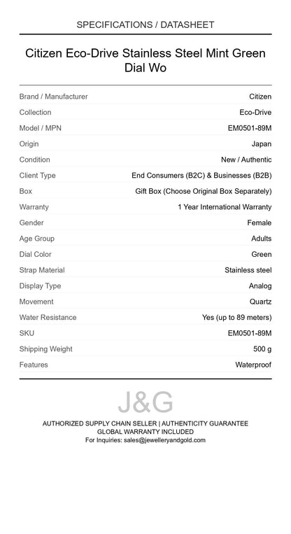 Citizen Eco-Drive Stainless Steel Mint Green Dial Wo. A brand-new Citizen Eco-Drive watch featuring a Green dial and a Stainless steel strap. Angled view. - DS_FINAL