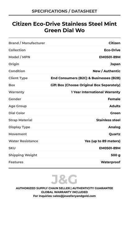 Citizen Eco-Drive Stainless Steel Mint Green Dial Wo. A brand-new Citizen Eco-Drive watch featuring a Green dial and a Stainless steel strap. Side view. - DS_FINAL
