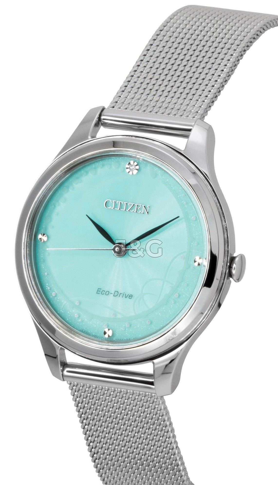 Citizen Eco-Drive Stainless Steel Mint Green Dial Wo. A brand-new Citizen Eco-Drive watch featuring a Green dial and a Stainless steel strap. Side view. - SEQ_3
