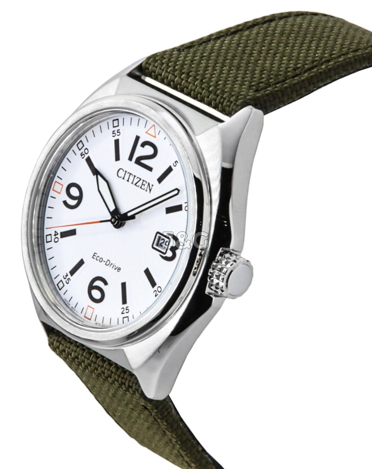 Citizen Eco-Drive White Nylon Male AW1571-09A. A brand-new Citizen Eco-Drive watch featuring a White dial and a Nylon strap. Front view. - view 3