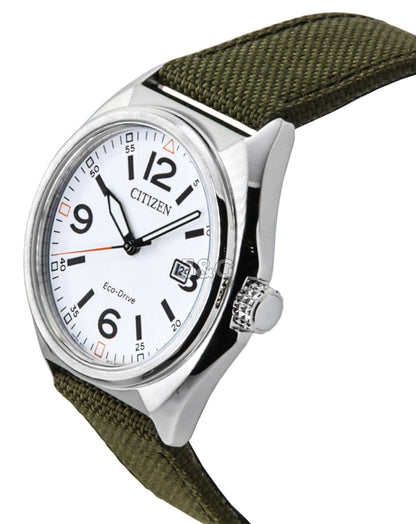 Citizen Eco-Drive White Nylon Male AW1571-09A. A brand-new Citizen Eco-Drive watch featuring a White dial and a Nylon strap. Front view. - view 3