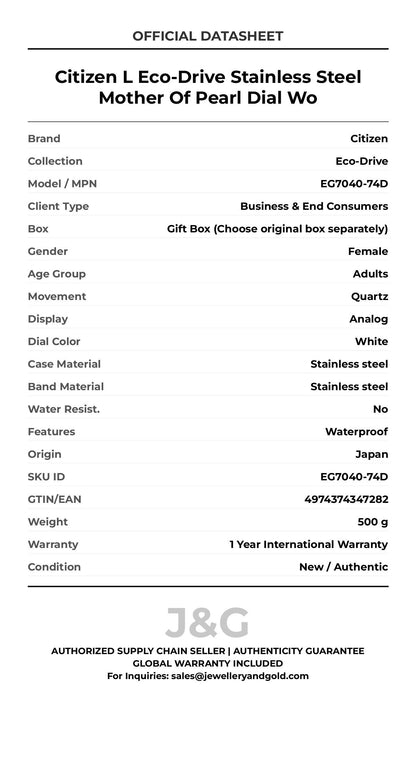 Citizen L Eco-Drive Stainless Steel Mother Of Pearl Dial Wo. A brand-new Citizen Eco-Drive watch featuring a White dial and a Stainless steel strap. Angled view. - DS_FINAL