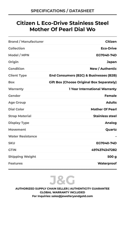 Citizen L Eco-Drive Stainless Steel Mother Of Pearl Dial Wo. A brand-new Citizen Eco-Drive watch featuring a Mother Of Pearl dial and a Stainless steel strap. Angled view. - DS_FINAL