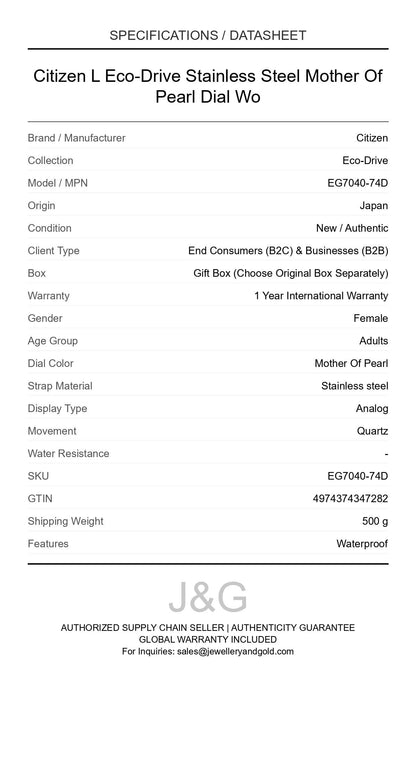 Citizen L Eco-Drive Stainless Steel Mother Of Pearl Dial Wo. A brand-new Citizen Eco-Drive watch featuring a Mother Of Pearl dial and a Stainless steel strap. Angled view. - DS_FINAL