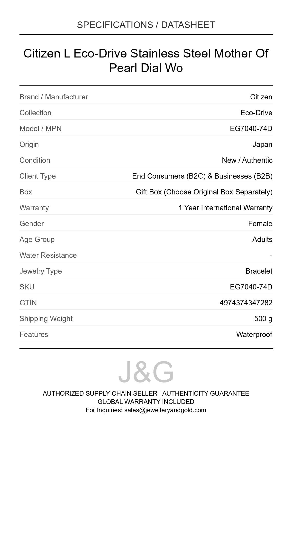 Citizen L Eco-Drive Stainless Steel Mother Of Pearl Dial Wo. A brand-new Citizen Eco-Drive watch. Side view. - DS_FINAL