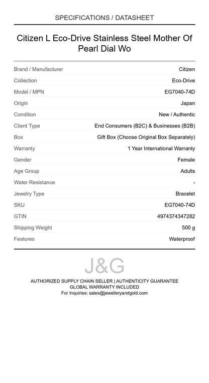 Citizen L Eco-Drive Stainless Steel Mother Of Pearl Dial Wo. A brand-new Citizen Eco-Drive watch. Side view. - DS_FINAL