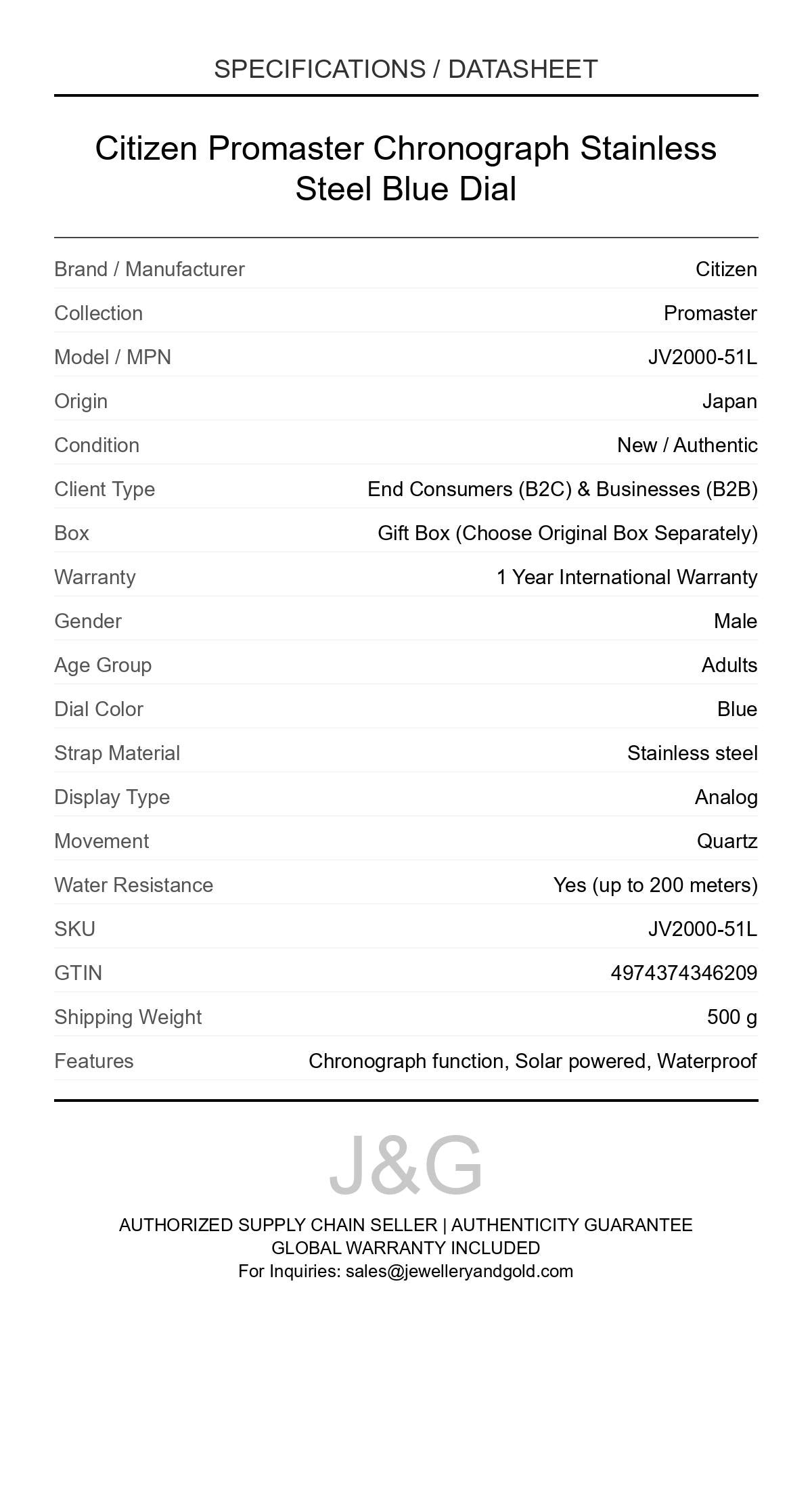 Citizen Promaster Chronograph Stainless Steel Blue Dial. A brand-new Citizen Promaster watch featuring a Blue dial and a Stainless steel strap. Front view. - DS_FINAL