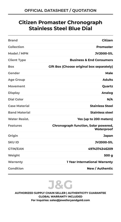 Citizen Promaster Chronograph Stainless Steel Blue Dial. A brand-new Citizen Promaster watch featuring a N/A dial and a Stainless steel strap. Front view. - DS_FINAL