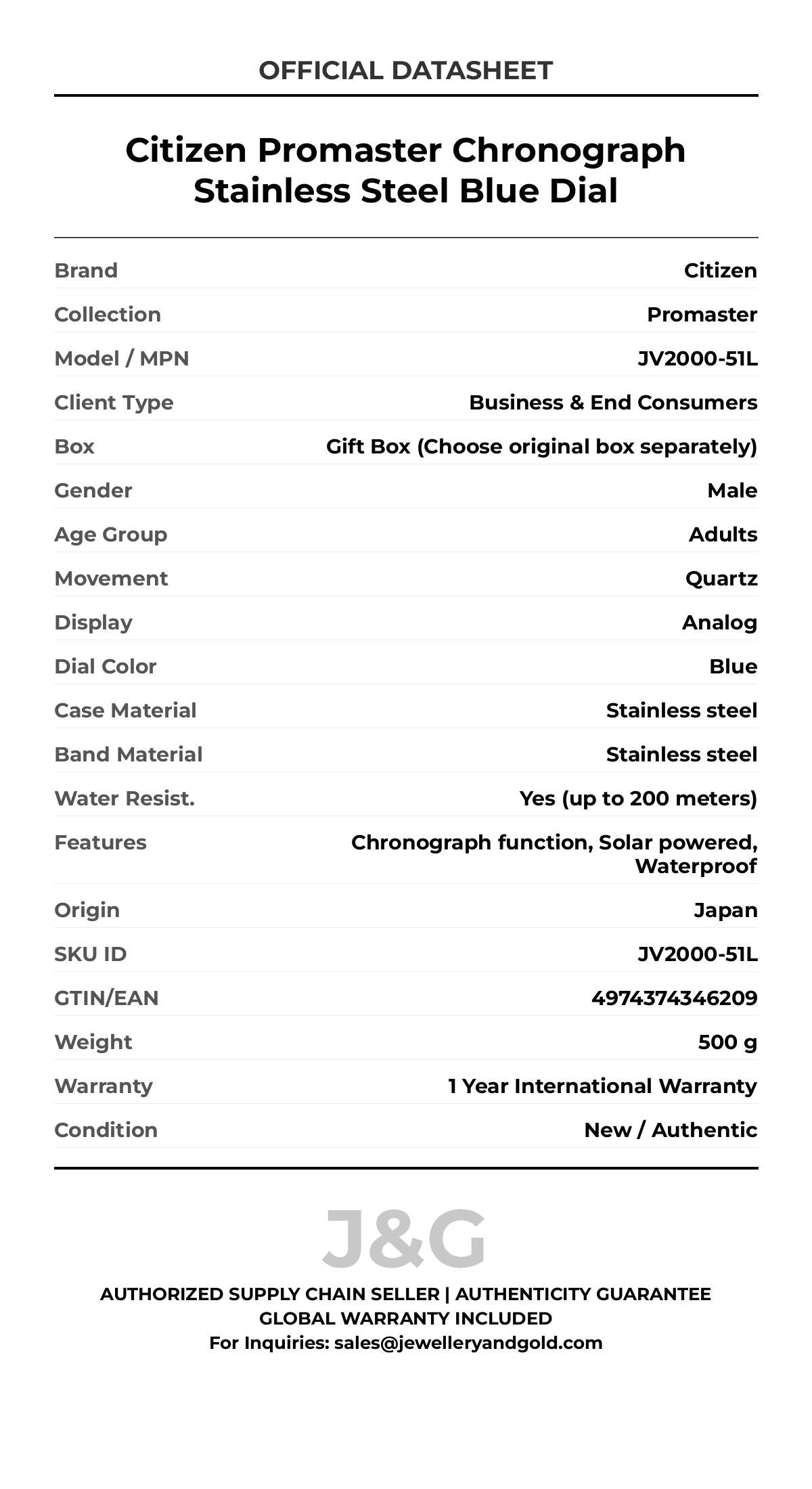 Citizen Promaster Chronograph Stainless Steel Blue Dial. A brand-new Citizen Promaster watch featuring a Blue dial and a Stainless steel strap. Front view. - DS_FINAL
