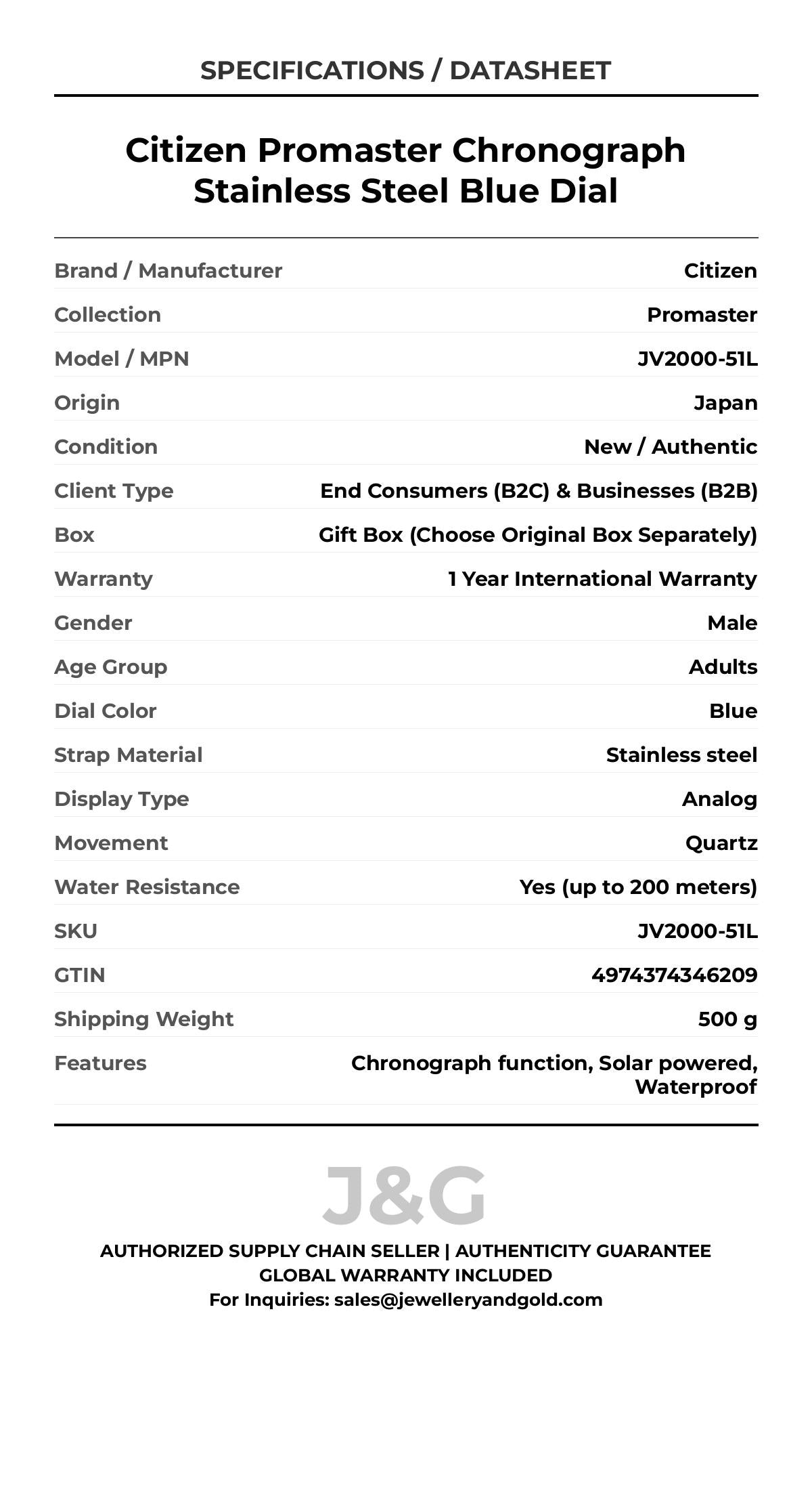 Citizen Promaster Chronograph Stainless Steel Blue Dial. A brand-new Citizen Promaster watch featuring a Blue dial and a Stainless steel strap. Angled view. - DS_FINAL