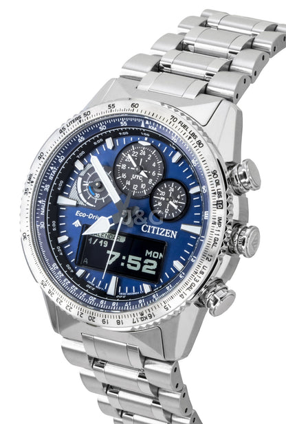 Citizen Promaster Chronograph Stainless Steel Blue Dial. A brand-new Citizen Promaster watch featuring a Blue dial and a Stainless steel strap. Angled view. - SEQ_3