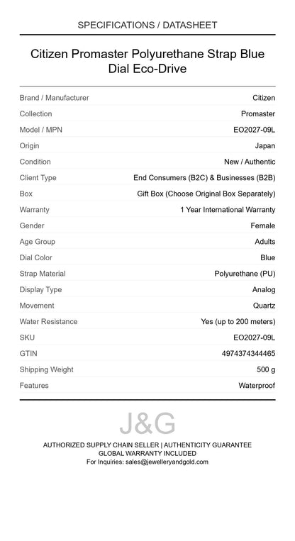 Citizen Promaster Polyurethane Strap Blue Dial Eco-Drive. A brand-new Citizen Promaster watch featuring a Blue dial and a Polyurethane (PU) strap. Angled view. - DS_FINAL
