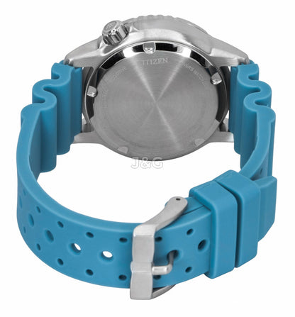 Citizen Promaster Polyurethane Strap Blue Dial Eco-Drive. A brand-new Citizen Promaster watch featuring a Blue dial and a Polyurethane (PU) strap. Angled view. - SEQ_4