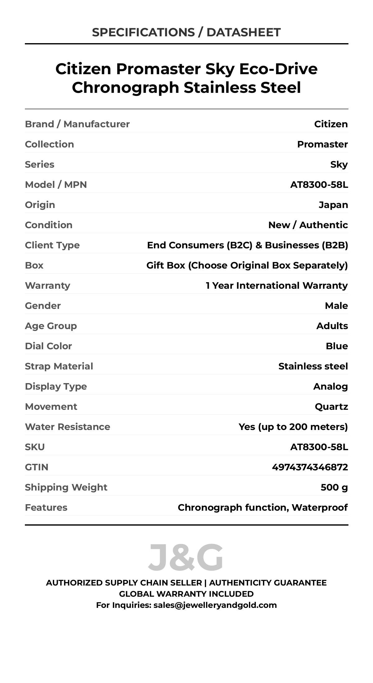 Citizen Promaster Sky Eco-Drive Chronograph Stainless Steel. A brand-new Citizen Promaster watch featuring a Blue dial and a Stainless steel strap. Angled view. - DS_FINAL