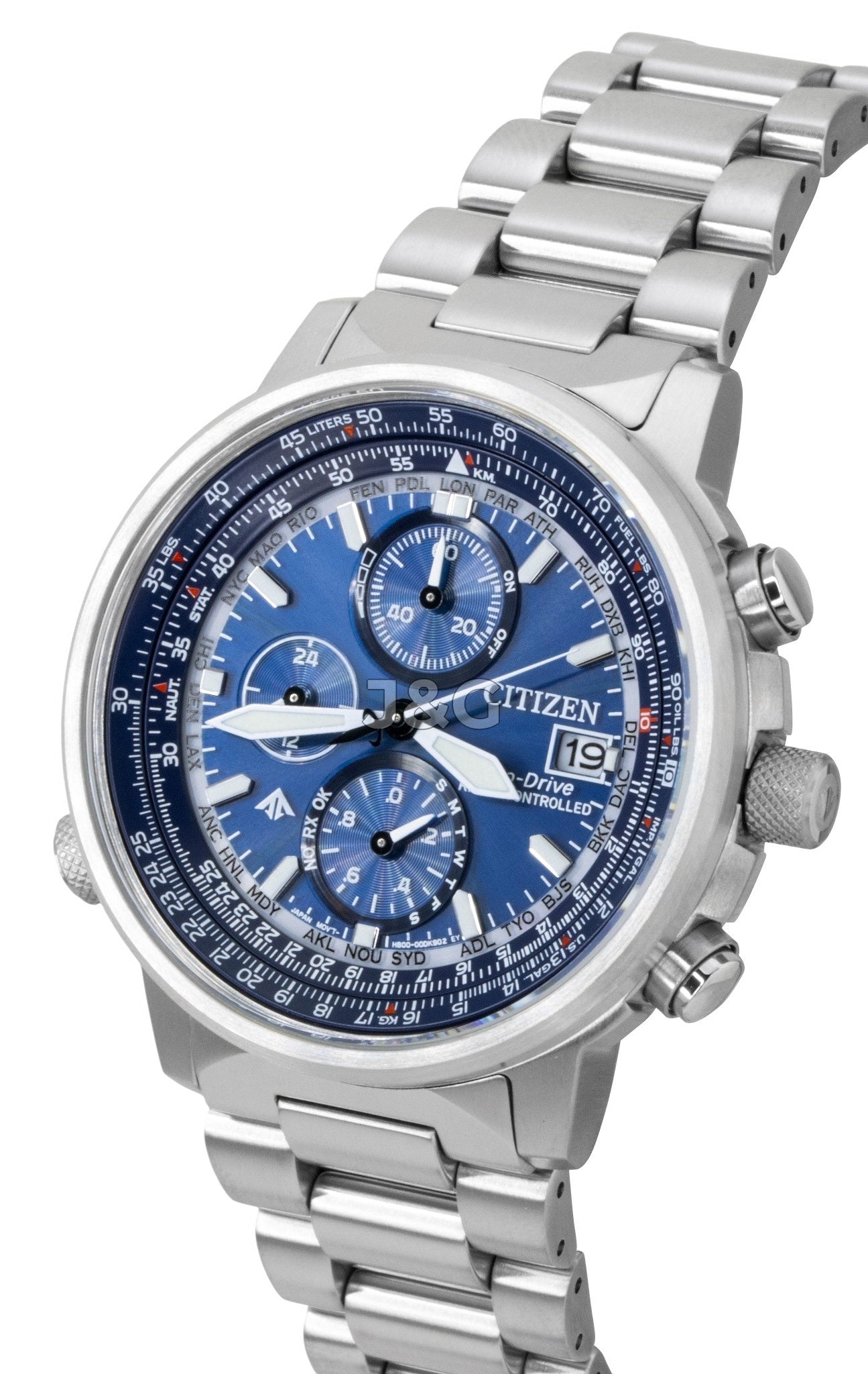 Citizen Promaster Sky Eco-Drive Chronograph Stainless Steel. A brand-new Citizen Promaster watch featuring a Blue dial and a Stainless steel strap. Front view. - SEQ_3
