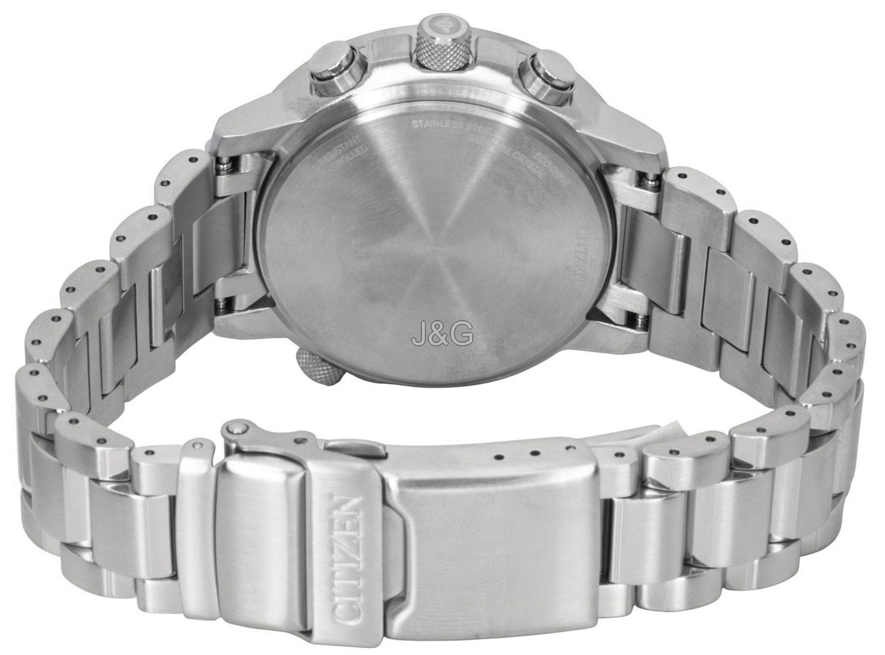 Citizen Promaster Sky Eco-Drive Chronograph Stainless Steel. A brand-new Citizen Promaster watch featuring a Blue dial and a Stainless steel strap. Side view. - SEQ_4