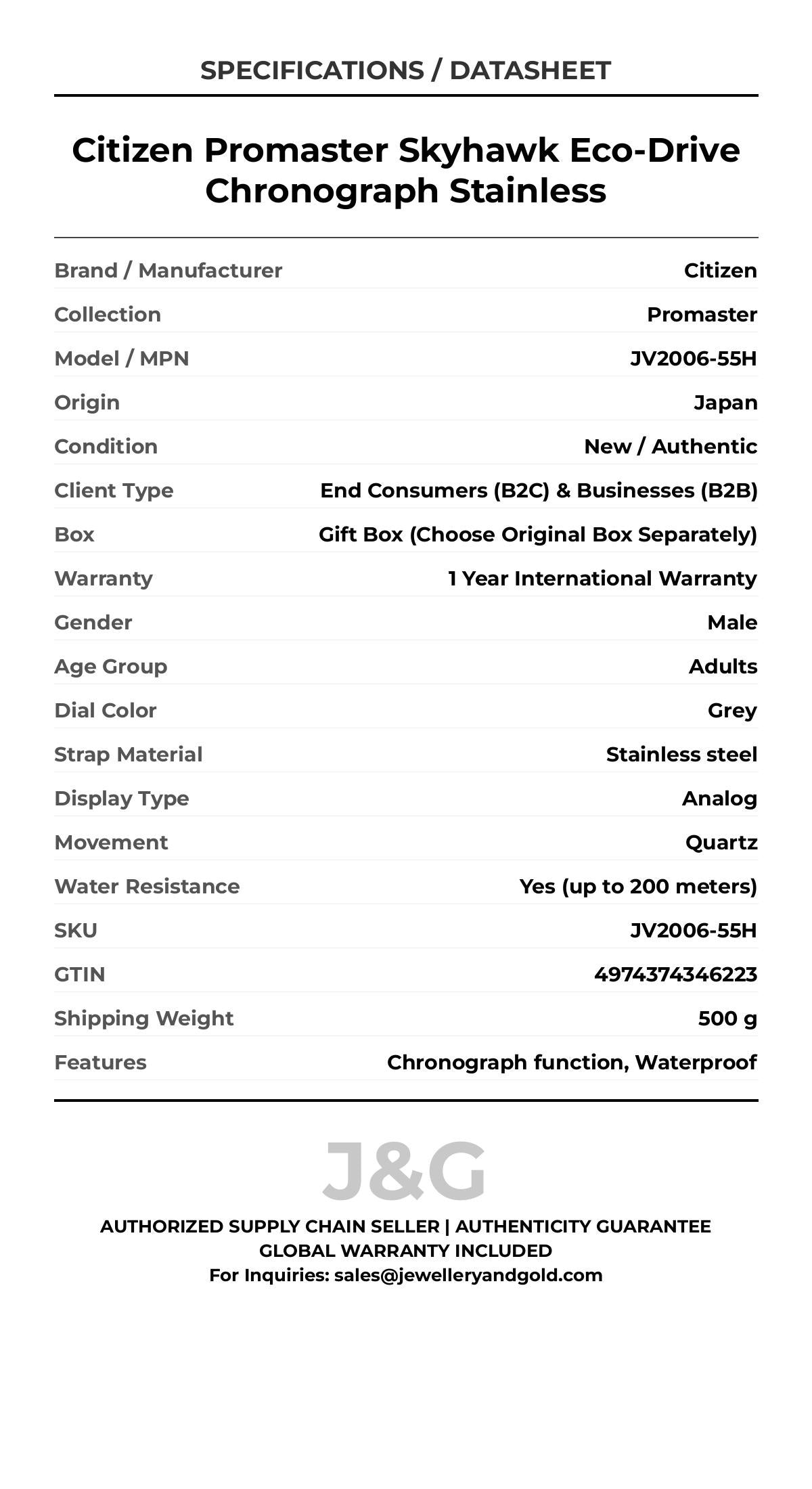 Citizen Promaster Skyhawk Eco-Drive Chronograph Stainless. A brand-new Citizen Promaster watch featuring a Grey dial and a Stainless steel strap. Front view. - DS_FINAL