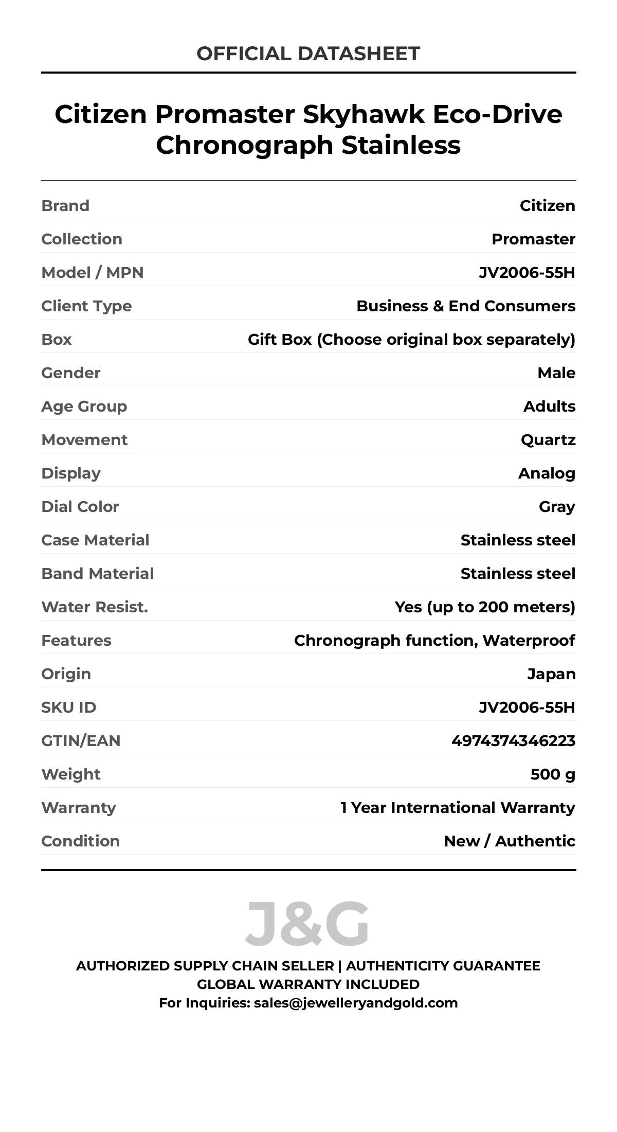 Citizen Promaster Skyhawk Eco-Drive Chronograph Stainless. A brand-new Citizen Promaster watch featuring a Gray dial and a Stainless steel strap. Side view. - DS_FINAL