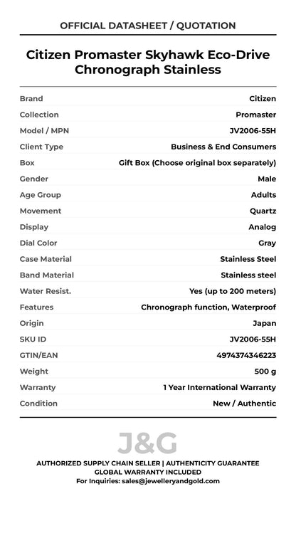 Citizen Promaster Skyhawk Eco-Drive Chronograph Stainless. A brand-new Citizen Promaster watch featuring a Gray dial and a Stainless steel strap. Angled view. - DS_FINAL