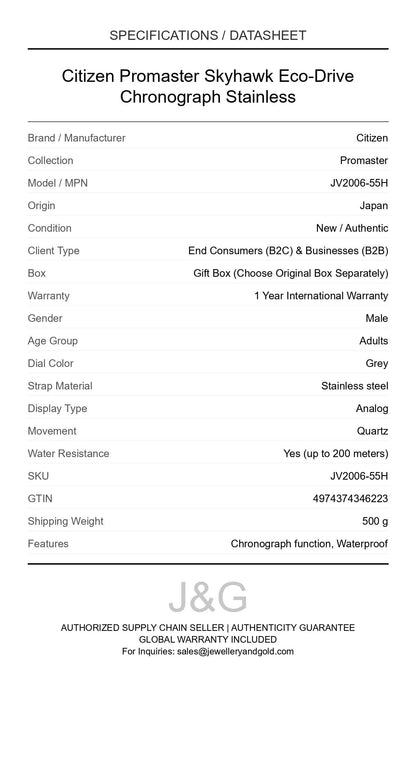 Citizen Promaster Skyhawk Eco-Drive Chronograph Stainless. A brand-new Citizen Promaster watch featuring a Grey dial and a Stainless steel strap. Front view. - DS_FINAL