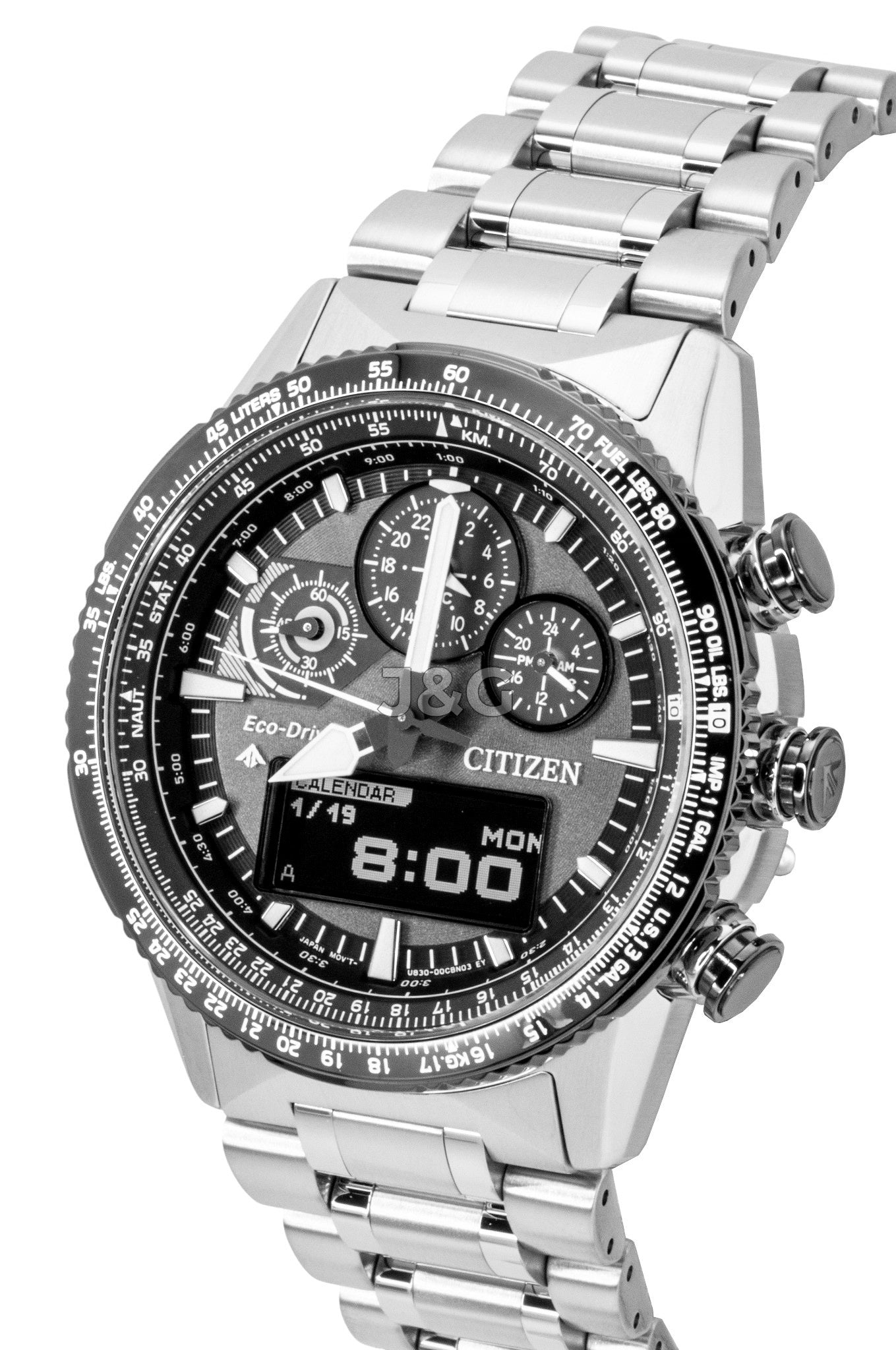 Citizen Promaster Skyhawk Eco-Drive Chronograph Stainless. A brand-new Citizen Promaster watch featuring a Gray dial and a Stainless steel strap. Angled view. - SEQ_3