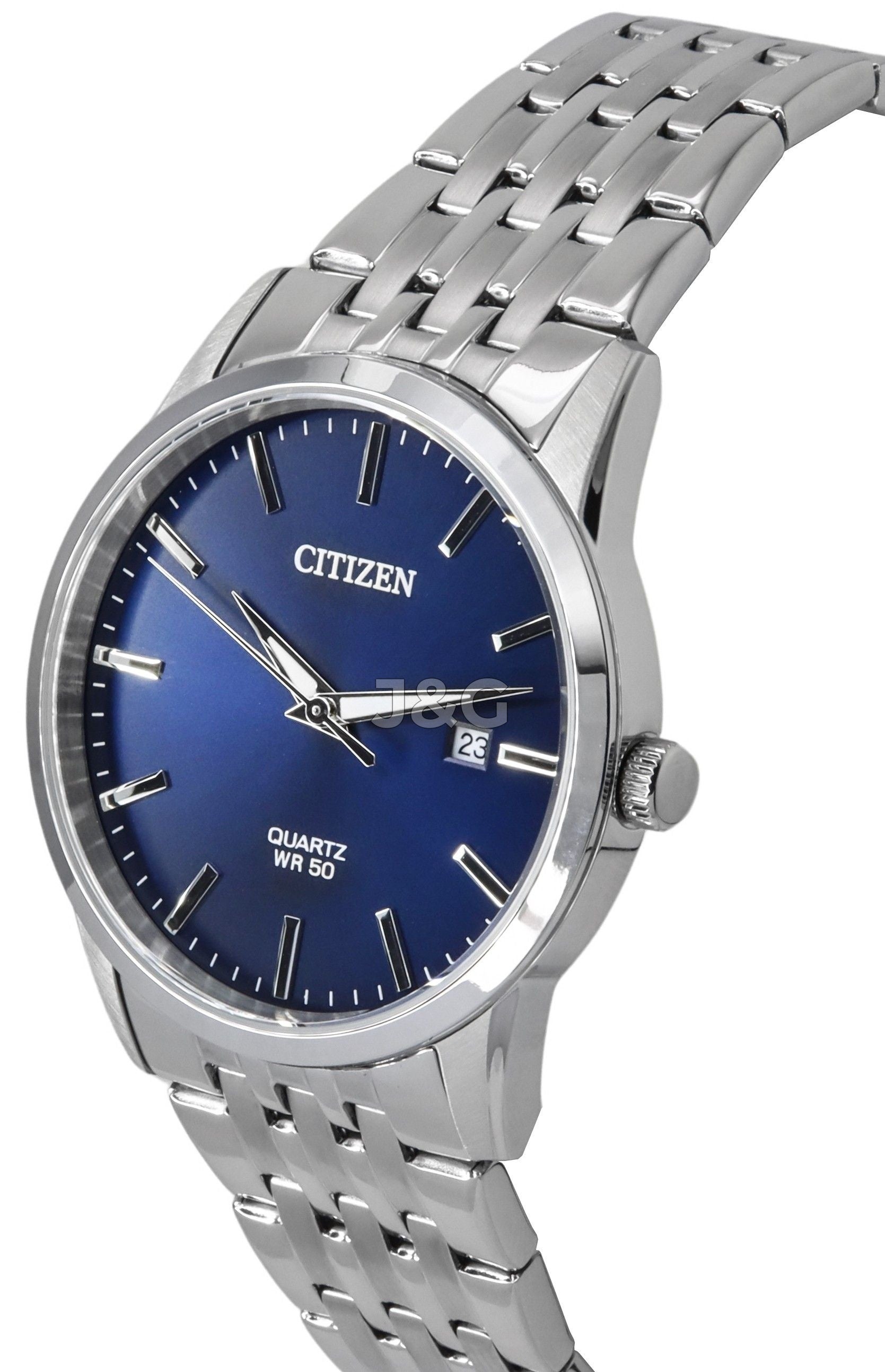 Citizen Quartz movement Blue Stainless steel Male BI5000-87L. A brand-new Citizen watch featuring a Blue dial and a Stainless steel strap. Angled view. - view 3