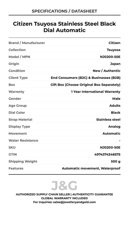 Citizen Tsuyosa Stainless Steel Black Dial Automatic. A brand-new Citizen Tsuyosa watch featuring a Black dial and a Stainless steel strap. Side view. - DS_FINAL