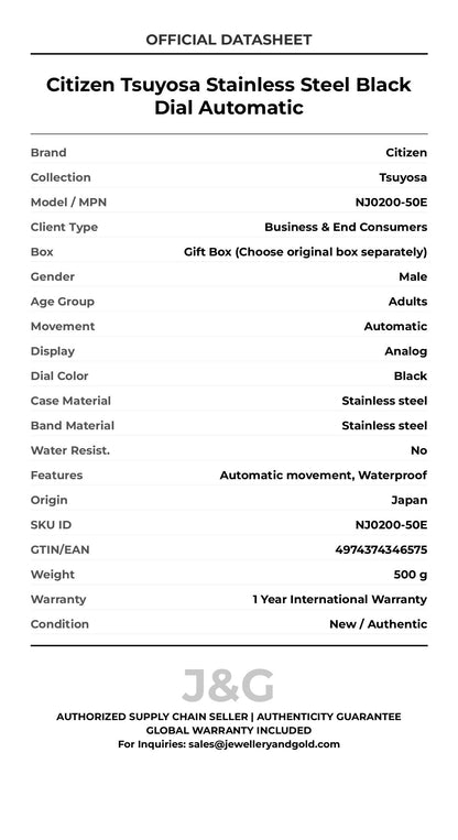 Citizen Tsuyosa Stainless Steel Black Dial Automatic. A brand-new Citizen Tsuyosa watch featuring a Black dial and a Stainless steel strap. Side view. - DS_FINAL