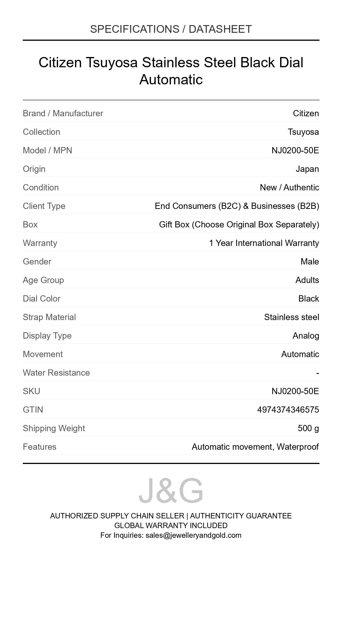 Citizen Tsuyosa Stainless Steel Black Dial Automatic. A brand-new Citizen Tsuyosa watch featuring a Black dial and a Stainless steel strap. Front view. - DS_FINAL