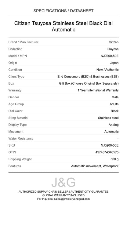 Citizen Tsuyosa Stainless Steel Black Dial Automatic. A brand-new Citizen Tsuyosa watch featuring a Black dial and a Stainless steel strap. Front view. - DS_FINAL
