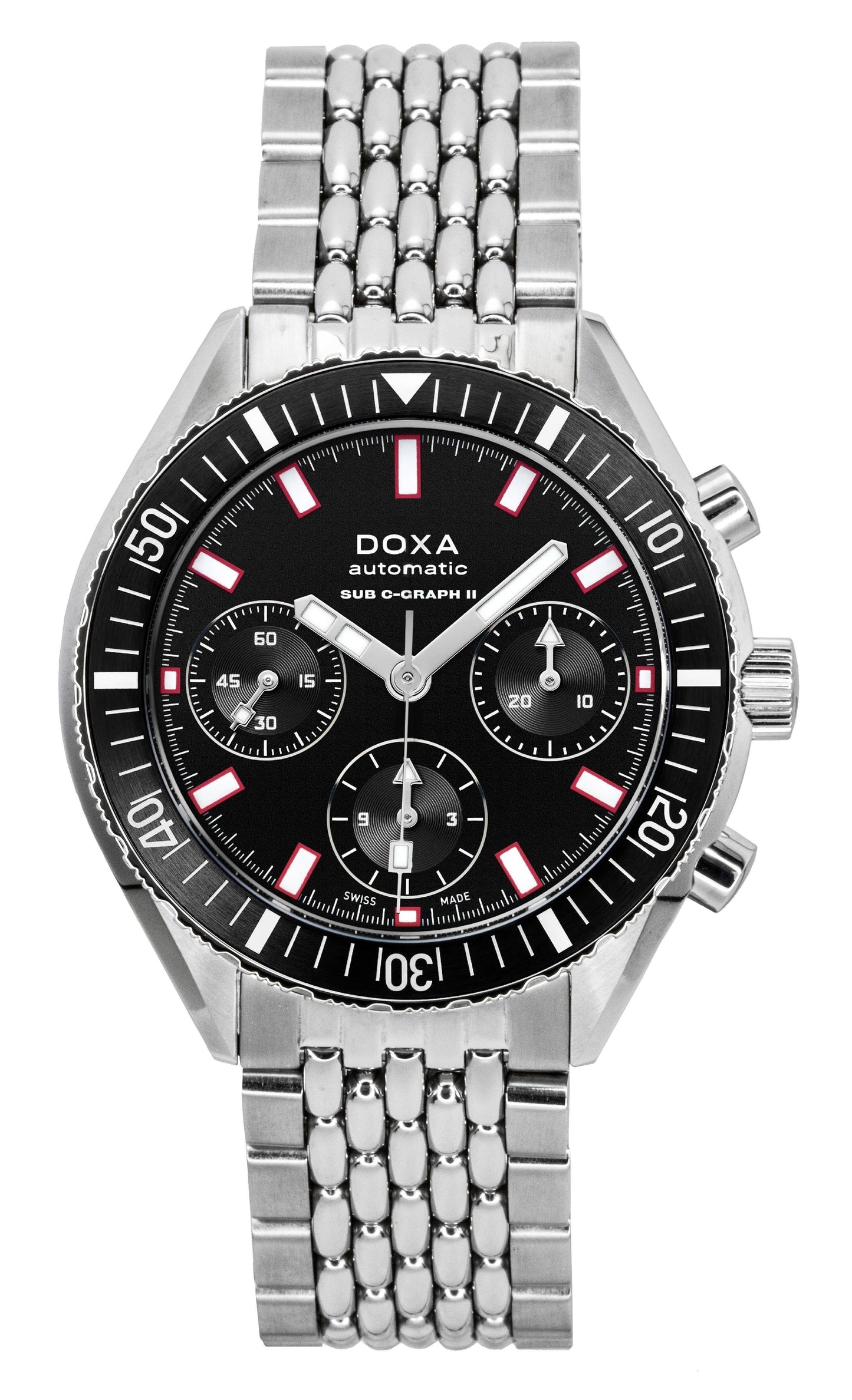 Doxa Sub 200 C-Graph II Sharkhunter Black Dial Automatic. A brand-new Doxa SUB watch featuring a Black dial and a Stainless steel strap. Angled view.