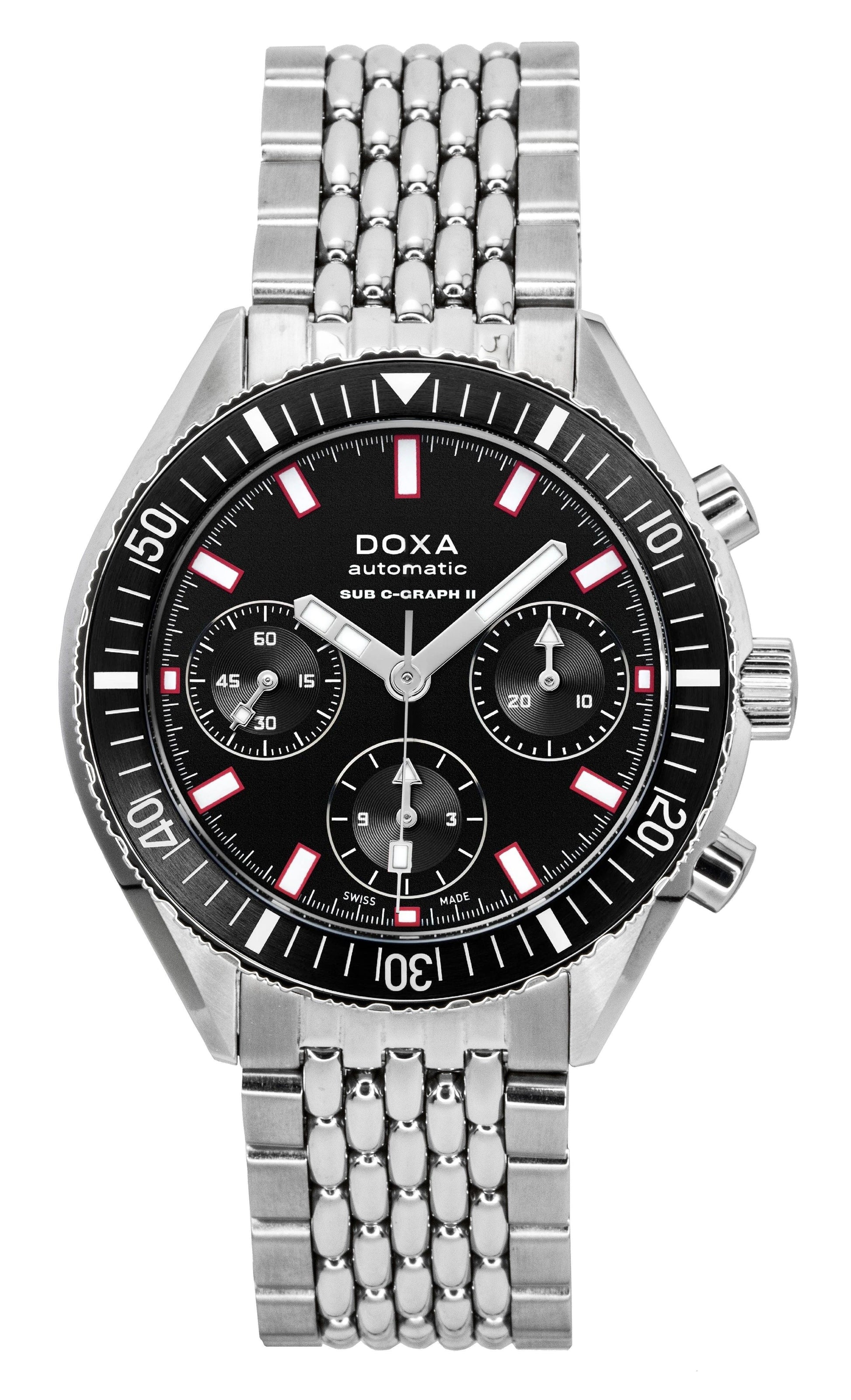 Doxa Sub 200 C-Graph II Sharkhunter Black Dial Automatic. A brand-new Doxa SUB watch featuring a Black dial and a Stainless steel strap. Angled view.