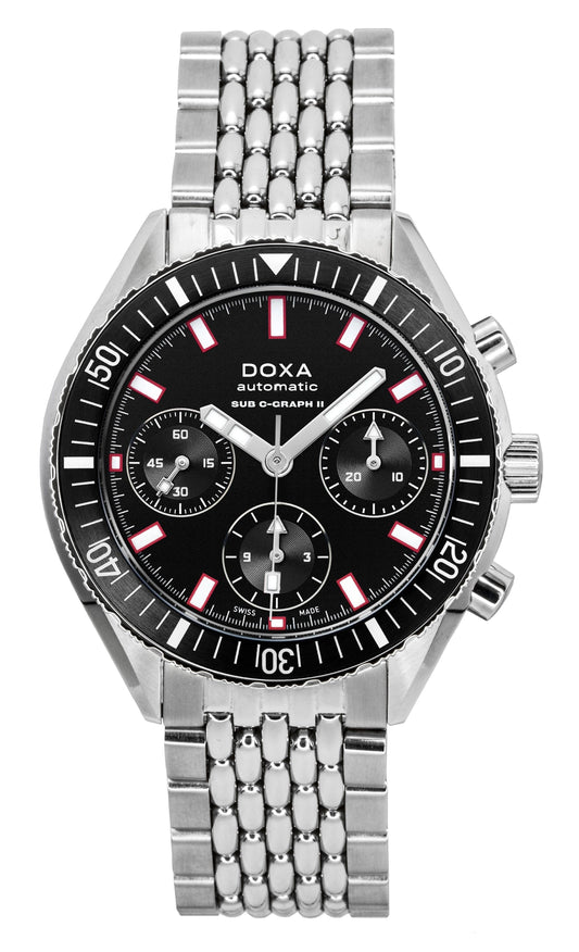 Doxa Sub 200 C-Graph II Sharkhunter Black Dial Automatic. A brand-new Doxa SUB watch featuring a Black dial and a Stainless steel strap. Angled view.