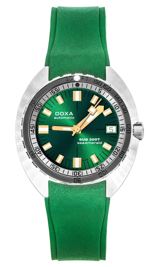 Doxa SUB 200T Sea Emerald Rubber Strap Green Dial Automatic. A brand-new Doxa SUB watch featuring a Green dial and a Rubber strap. Front view.