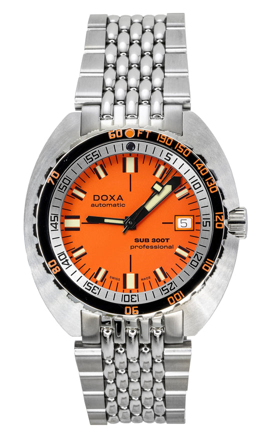 Doxa SUB 300T Aristera Professional Orange Dial Automatic. A brand-new Doxa SUB watch featuring a Orange dial. Side view.