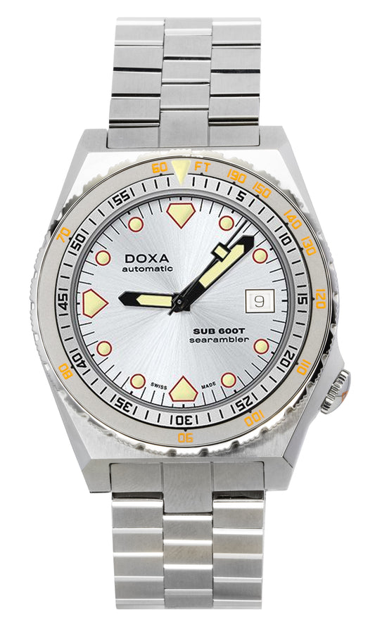 Doxa SUB 600T Searambler Stainless Steel Silver Dial. A brand-new Doxa SUB watch featuring a Silver dial and a Stainless steel strap. Angled view.