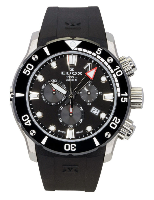 Edox CO-1 Chronograph Rubber Strap Black Dial Quartz. A brand-new Edox watch featuring a Black dial and a Rubber strap. Angled view.