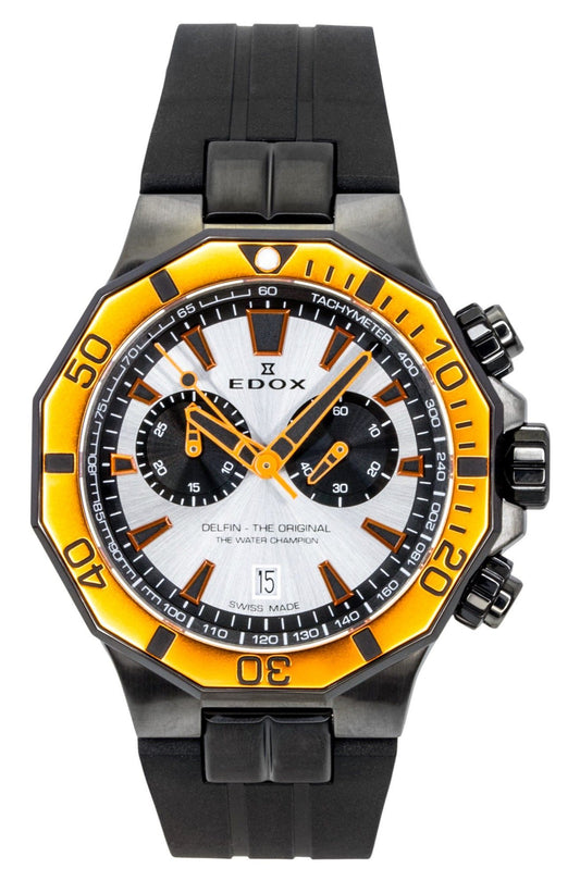 Edox Delfin The Original Chronograph Rubber Strap Silver. A brand-new Edox Delfin watch featuring a Silver dial and a Rubber strap. Front view.