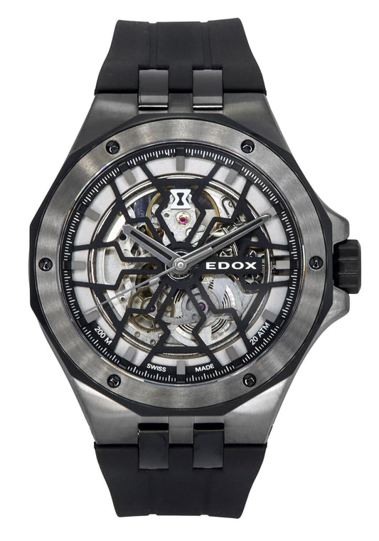 Edox Delfin The Original Mecano Rubber Strap Skeleton Black. A brand-new Edox Delfin watch featuring a Black dial and a Rubber strap. Front view.