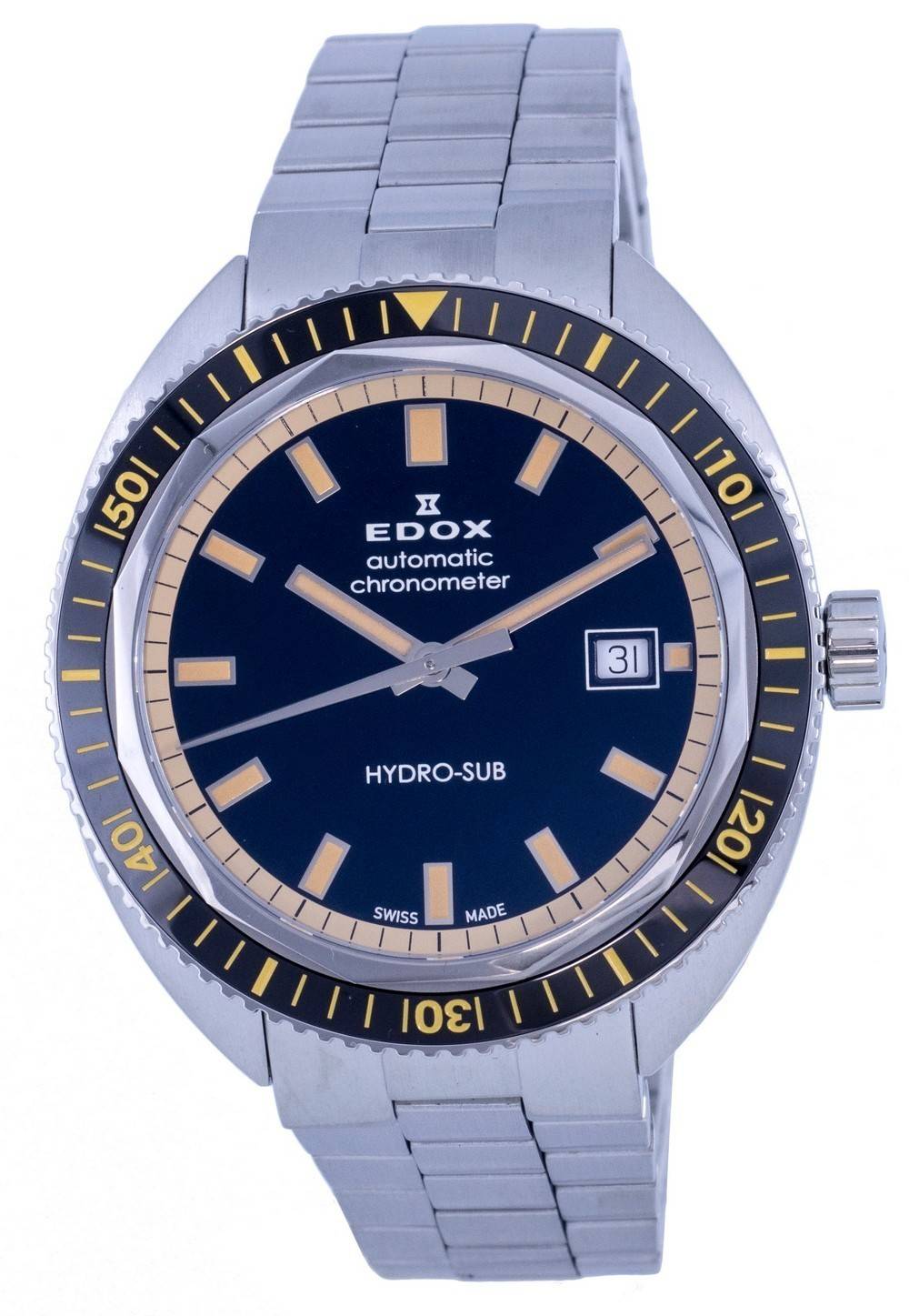 Edox Hydro-Sub Diver's Stainless Steel Black Dial Automatic. A brand-new Edox Hydro-Sub watch featuring a Black dial and a Stainless steel strap. Side view.