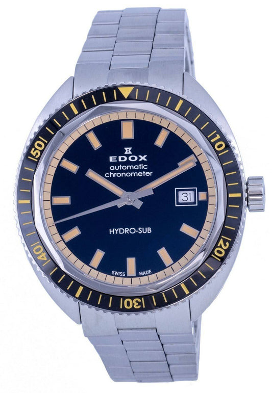 Edox Hydro-Sub Diver's Stainless Steel Black Dial Automatic. A brand-new Edox Hydro-Sub watch featuring a Black dial and a Stainless steel strap. Side view.
